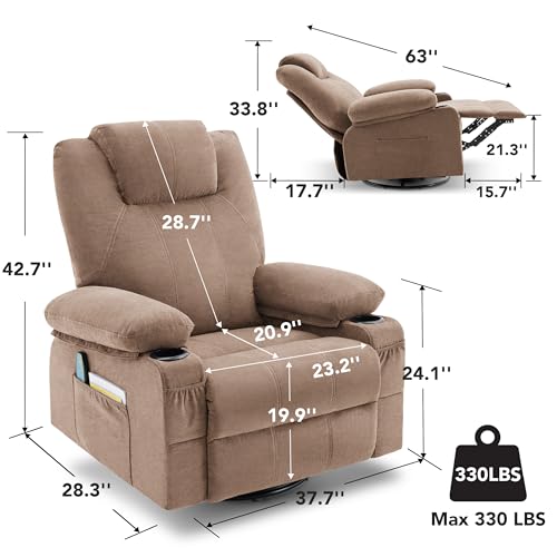 Brown Leather Oversized Swivel Rocker Recliner Chair with Heat and Massage T443977