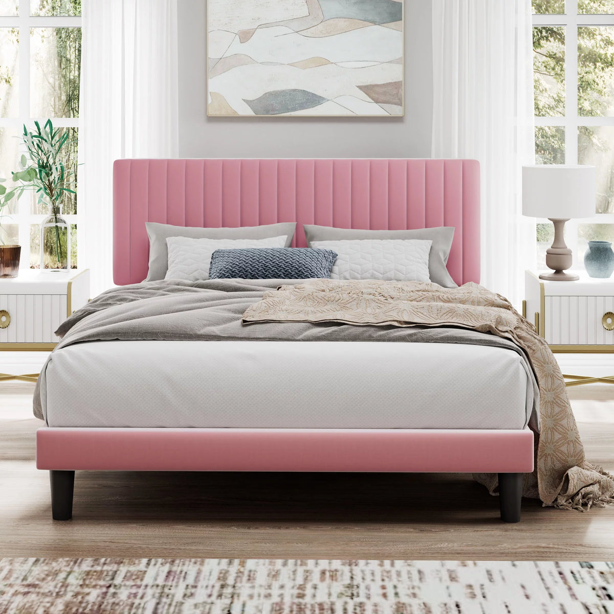 Pink Queen Size Upholstered Platform Bed Frame with Velvet Headboard D917