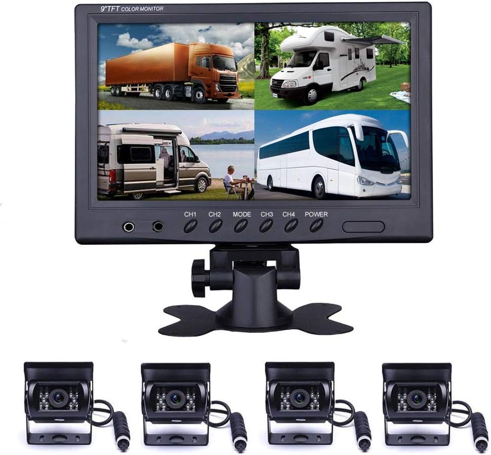 Hard Wired Backup Camera 9'' Quad Split Screen HD Monitor System Pack of 2 A917