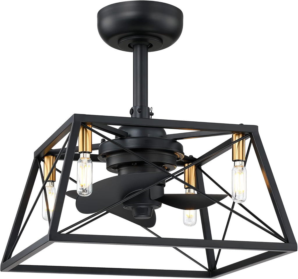 Black and Gold Caged Ceiling Fan with LED Light Kit L984