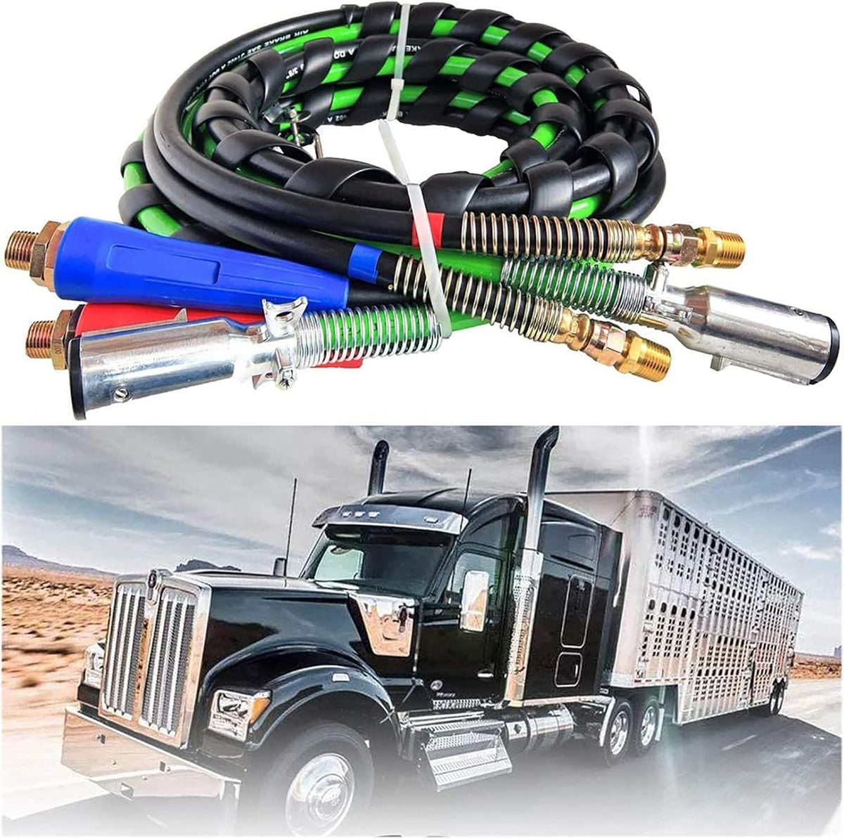 Semi Truck Trailer Tractor 3-in-1 Wrap Set ABS Air Power Line Hose Wrap 7 Way Electrical Rubber Air Hose Electrical Cable Wrap Air Line Hose 15' I4560