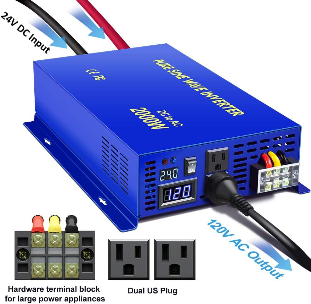 2000 Watt Pure Sine Wave Inverter 24V DC to 110v 120V AC E714