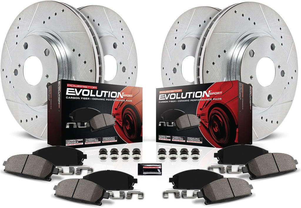 Front and Rear Carbon Fiber Brake Pads with Drilled & Slotted Brake Rotors Kit L571562