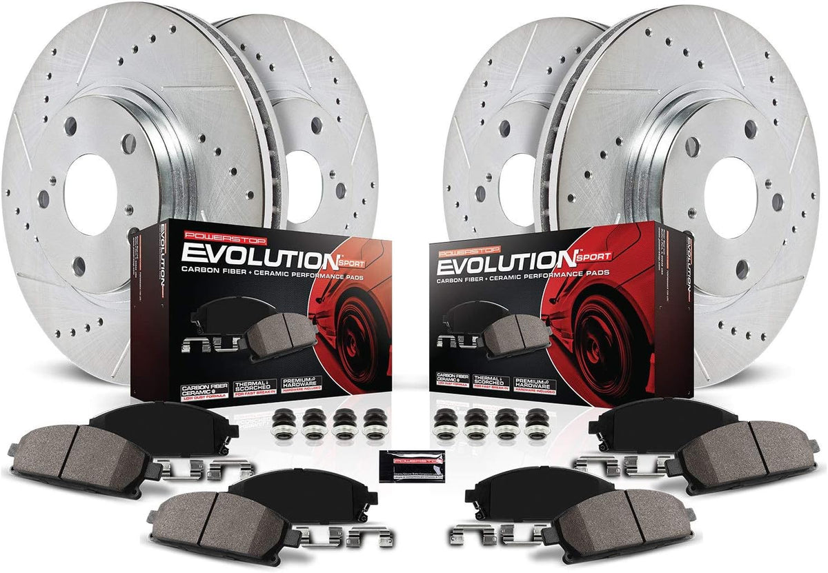 Front and Rear Carbon Fiber Brake Pads with Drilled & Slotted Brake Rotors Kit L571562