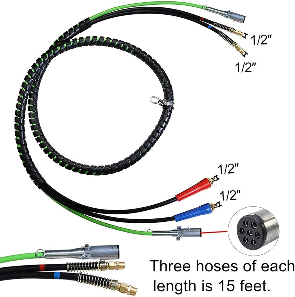 Semi Truck Trailer Tractor 3-in-1 Wrap Set ABS Air Power Line Hose Wrap 7 Way Electrical Rubber Air Hose Electrical Cable Wrap Air Line Hose 15' I4560