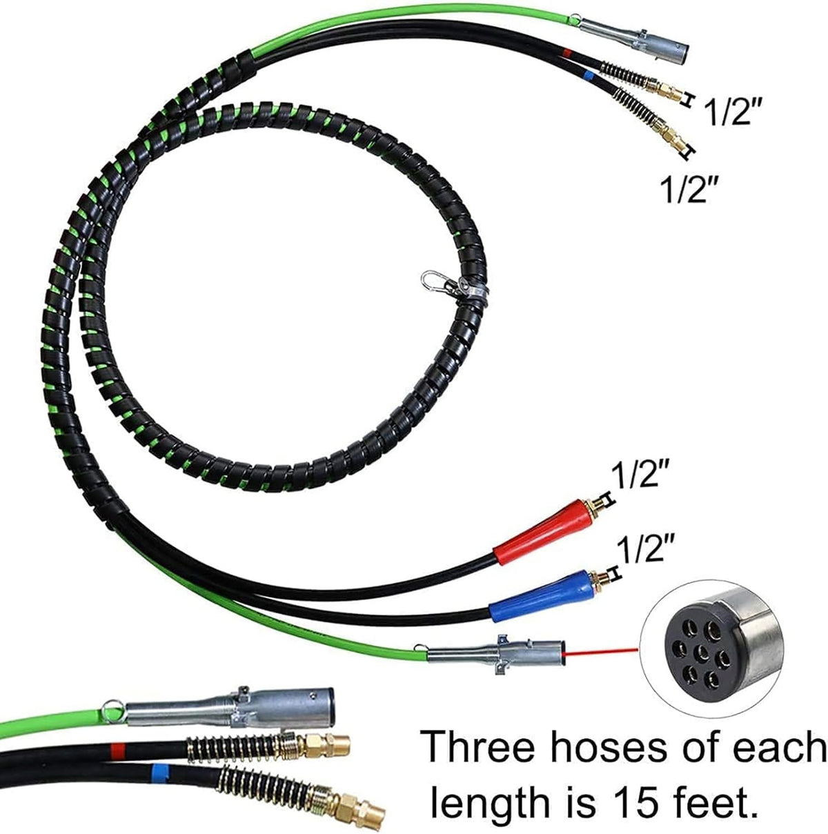 Semi Truck Trailer Tractor 3-in-1 Wrap Set ABS Air Power Line Hose Wrap 7 Way Electrical Rubber Air Hose Electrical Cable Wrap Air Line Hose 15' I4560