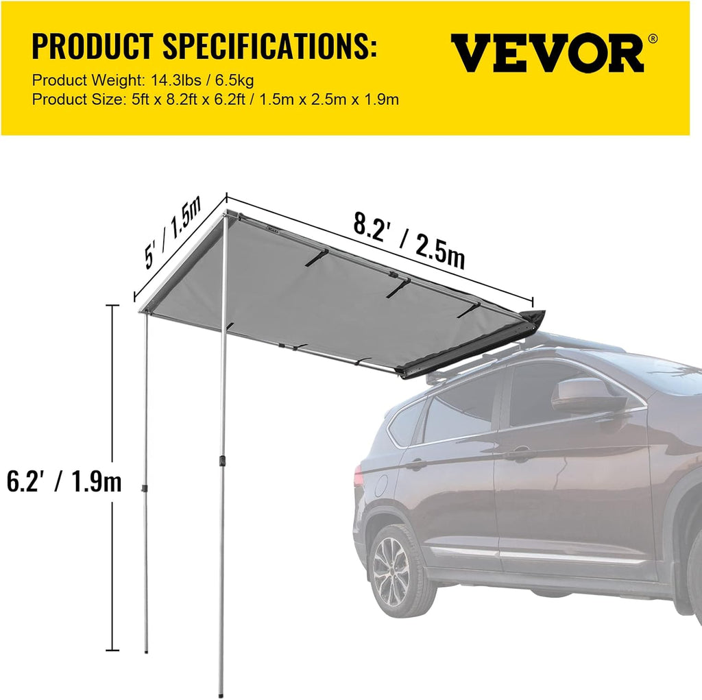 5'x8.2' Retractable Waterproof UV50+ Car Side Awning with Carry Bag O450557