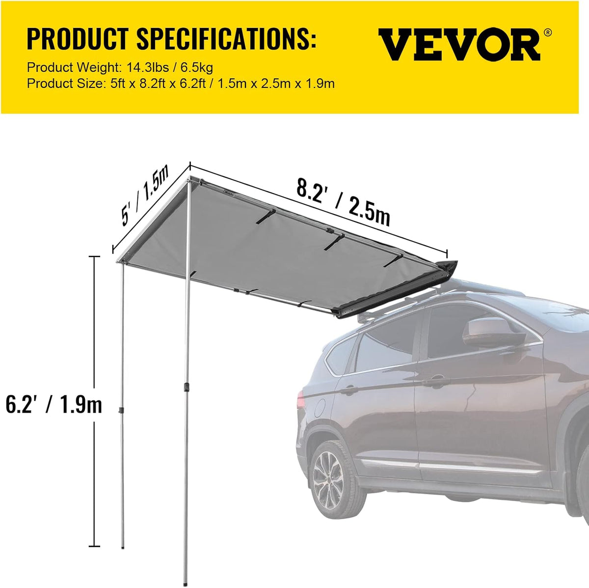 5'x8.2' Retractable Waterproof UV50+ Car Side Awning with Carry Bag O450557