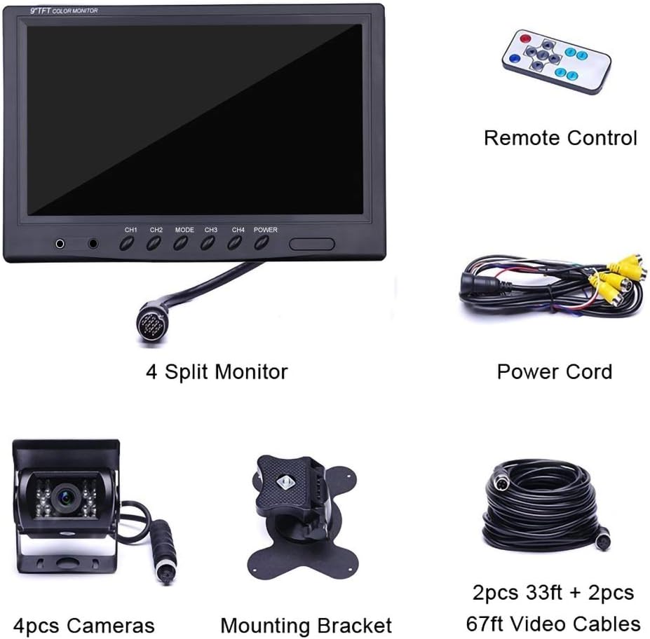 Hard Wired Backup Camera 9'' Quad Split Screen HD Monitor System Pack of 2 A917