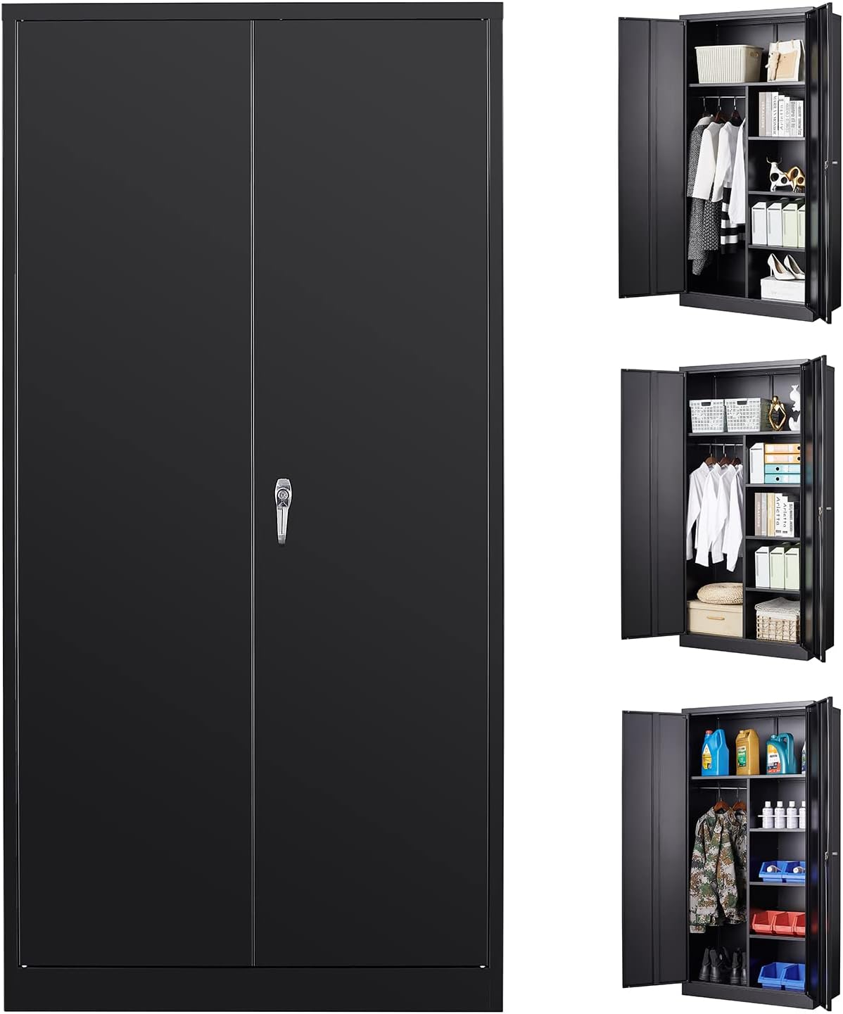 72” Tall Black Steel Storage Cabinet with Locking Door and 4 Adjustable Shelves C8481