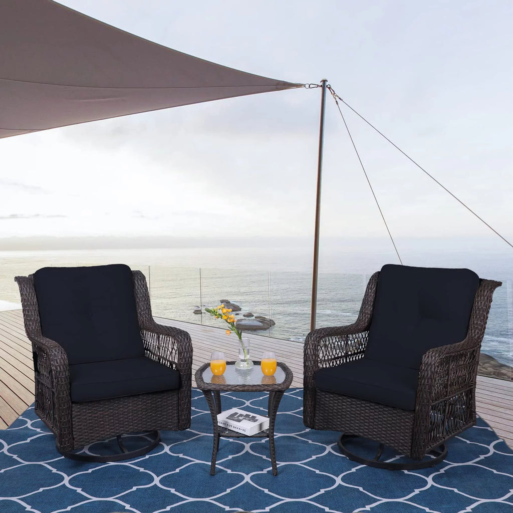 3-Piece Wicker Bistro Set Swivel Rocking Chairs Glass-Top Coffee Table S773137
