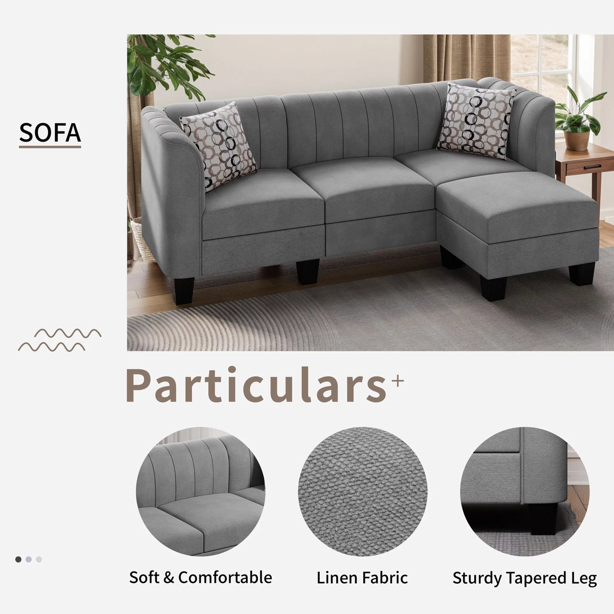 Black L Shaped Linen Fabric Sectional Sofa T3431