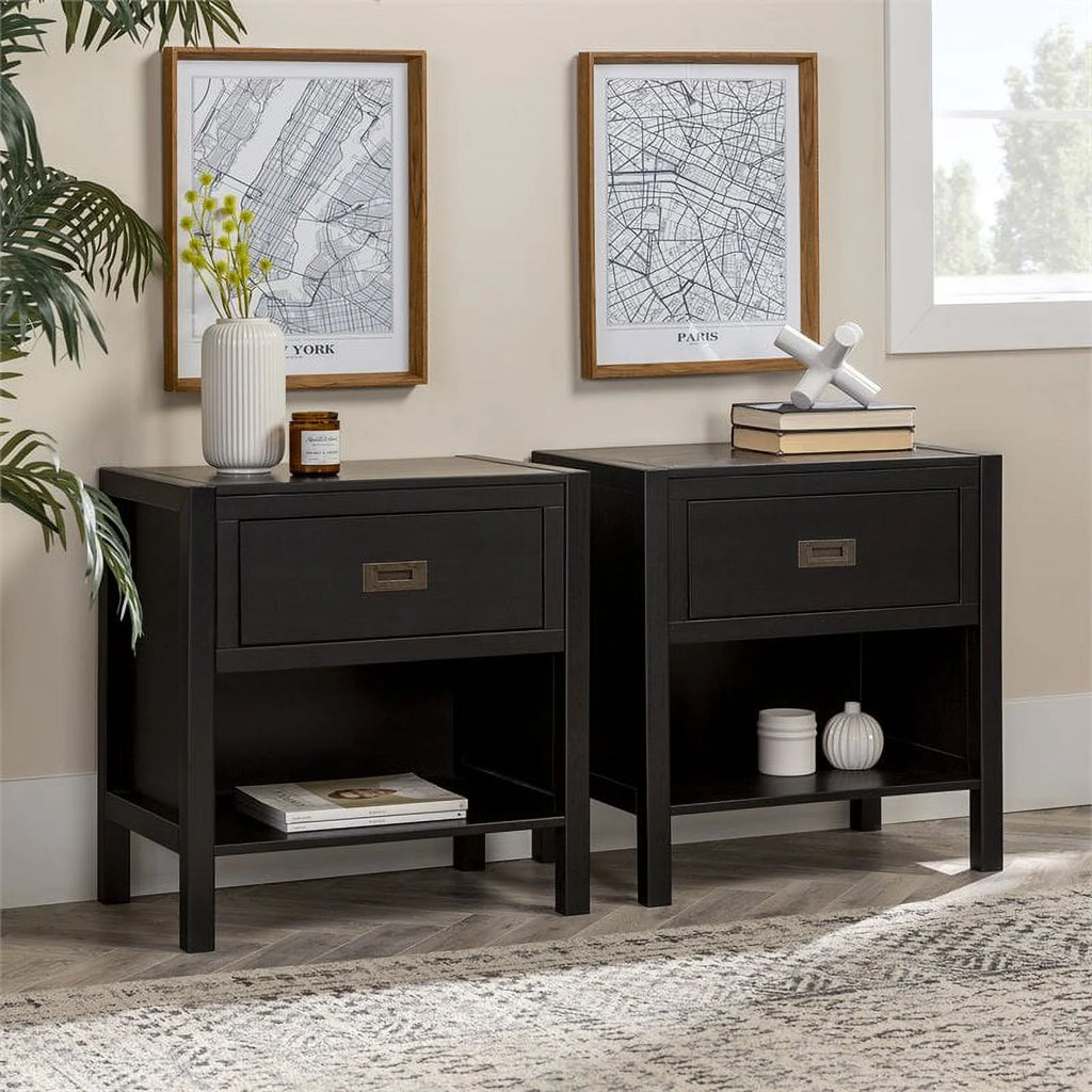 2-Piece 1-Drawer Solid Wood Nightstand Set in Black N587