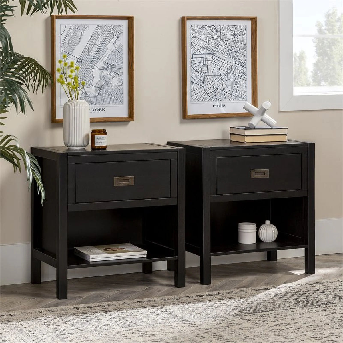 2-Piece 1-Drawer Solid Wood Nightstand Set in Black N587