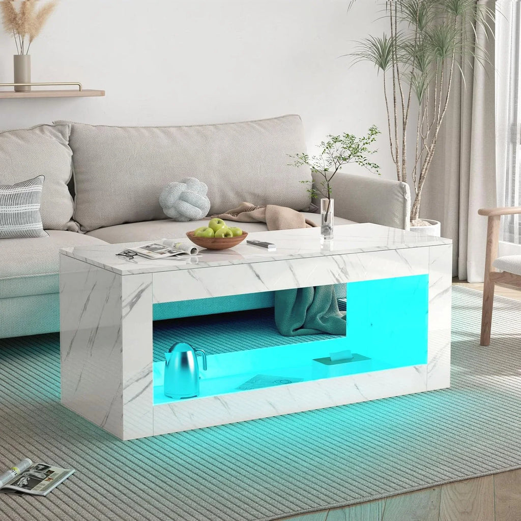 47.3IN High Gloss LED Coffee Table with Marbling Print V539683