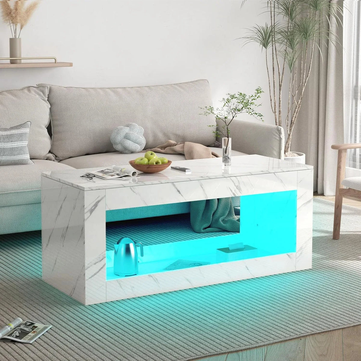 47.3IN High Gloss LED Coffee Table with Marbling Print V539683