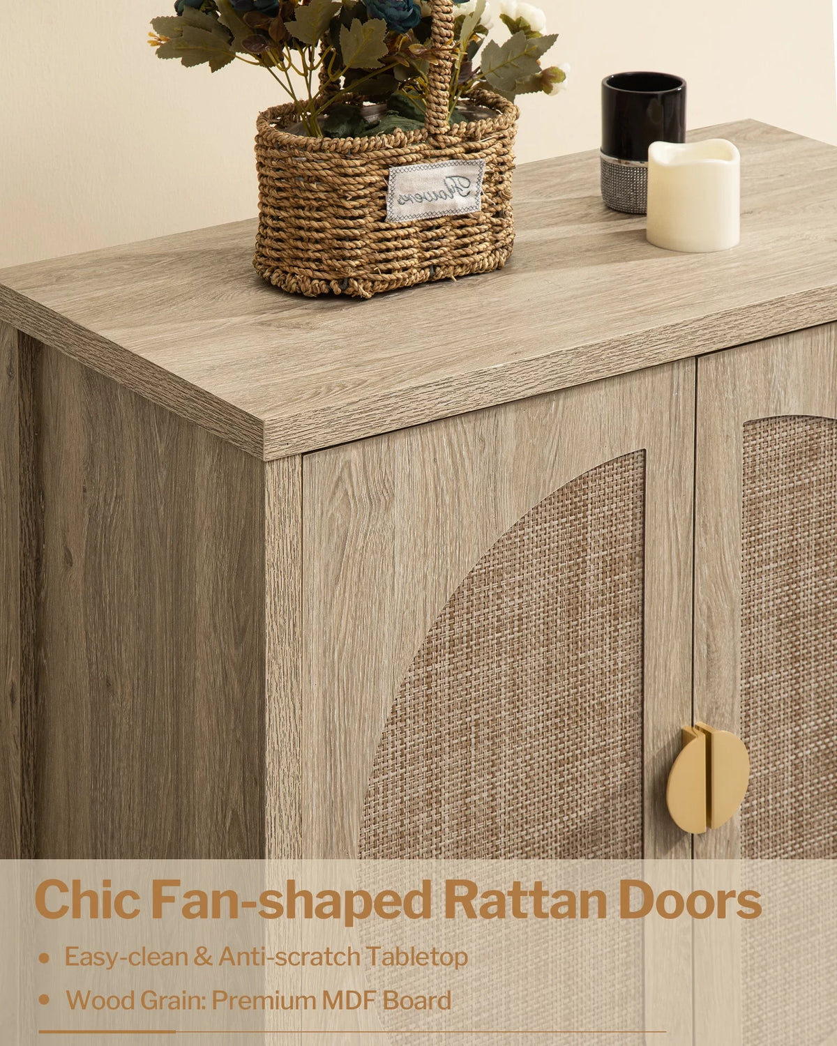 Oak Rattan Sideboard Storage Cabinet Set of 2 Z53374