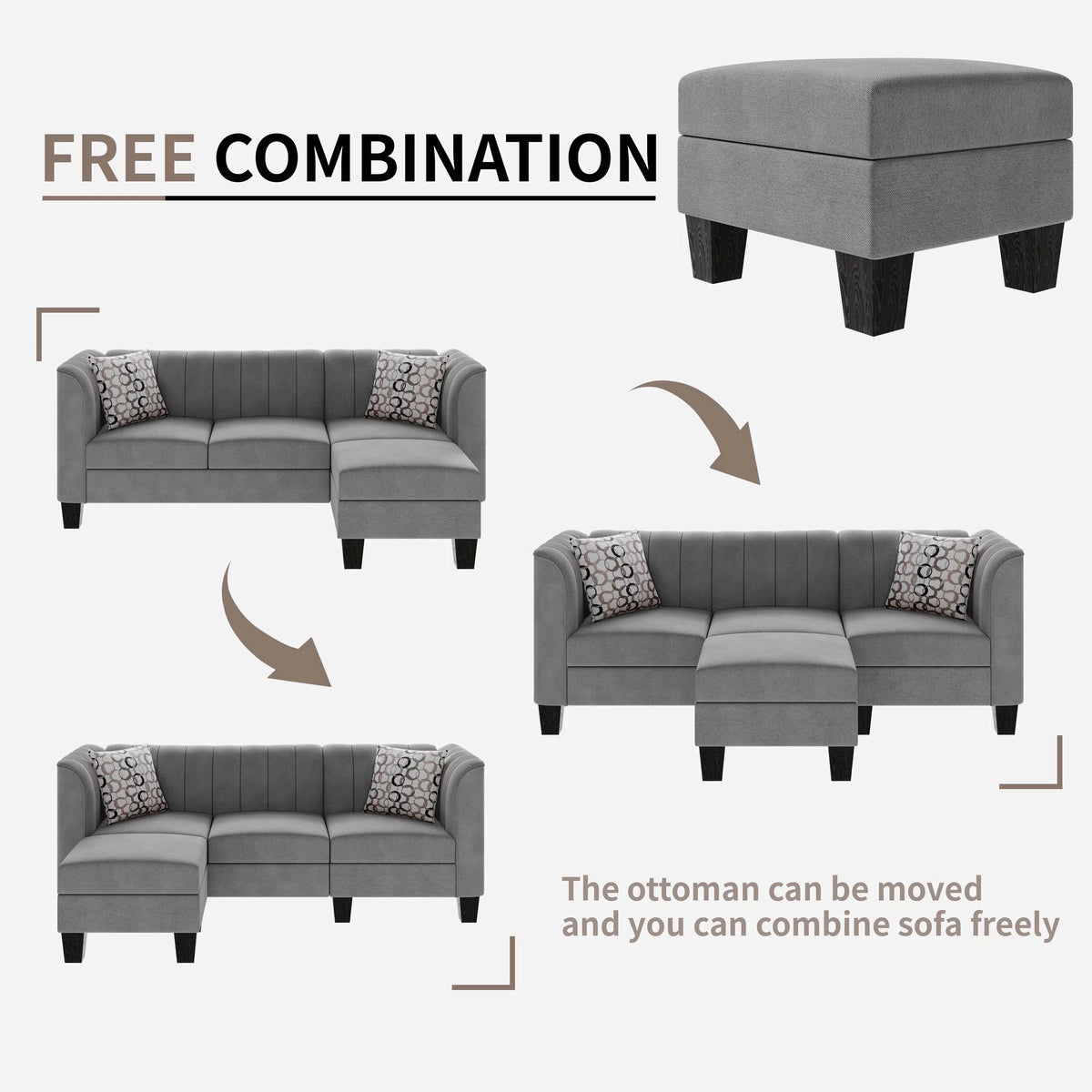 Black L Shaped Linen Fabric Sectional Sofa T3431