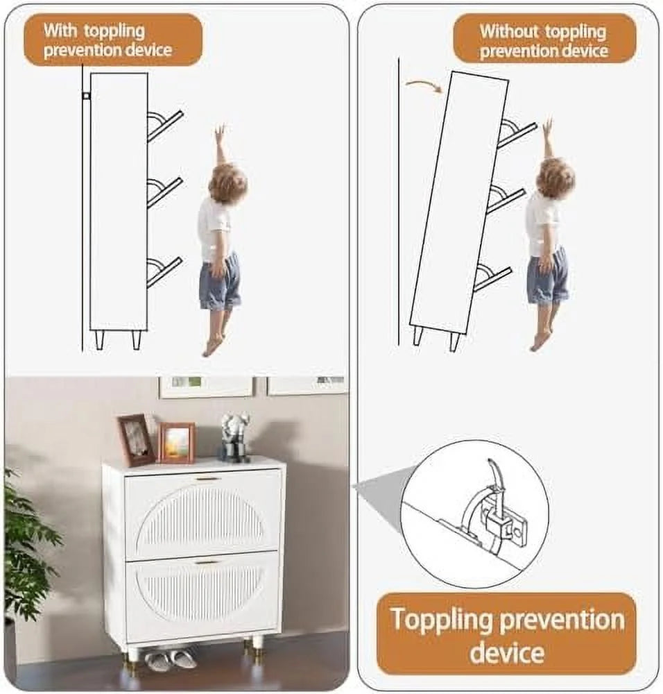 White 2 Flip Drawers Slim Shoe Cabinet E238181