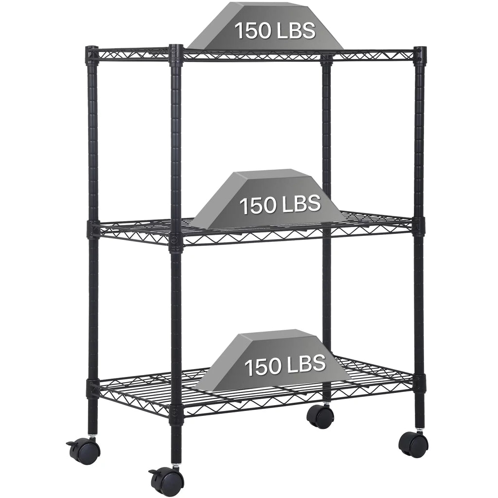 3-Tier Black Adjustable Wire Shelving Unit with Wheels I888968