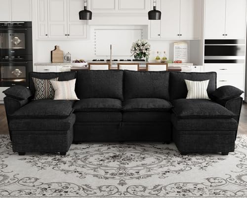 Oversized Modular Sectional Sleeper Sofa with Pull Out Bed and Storage Ottomans Chenille Black K741