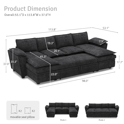 Oversized Modular Sectional Sleeper Sofa with Pull Out Bed and Storage Ottomans Chenille Black K741