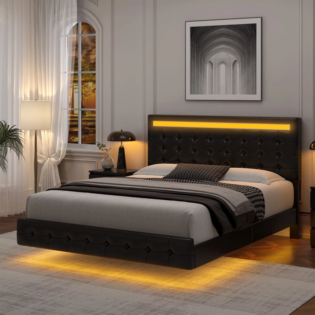 White Queen Floating LED Platform Bed with Storage Z857402