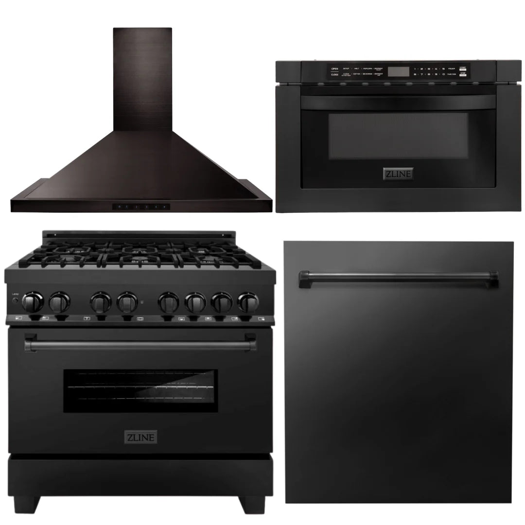 36 Dual Fuel Range, Range Hood, Microwave, Dishwasher in Black Stainless Steel P3275