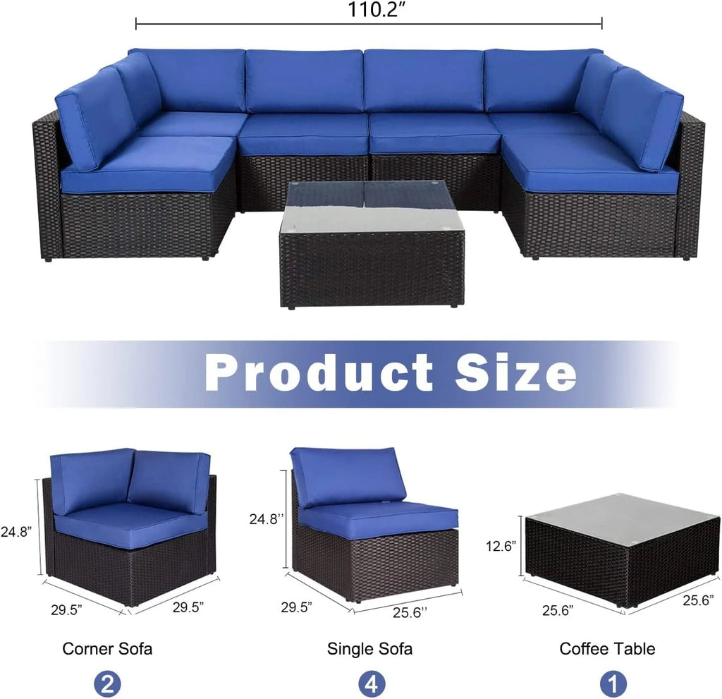 7 Pc Pe Rattan Wicker Sofa Sectional Set with Dark Blue Cushions T439190