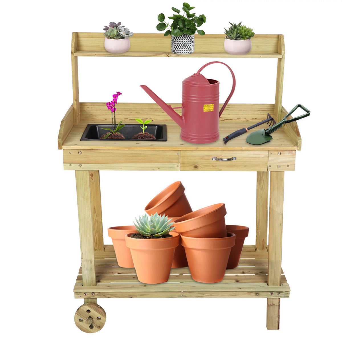 Wooden Potting Bench Table with Wheels and Drawer R612