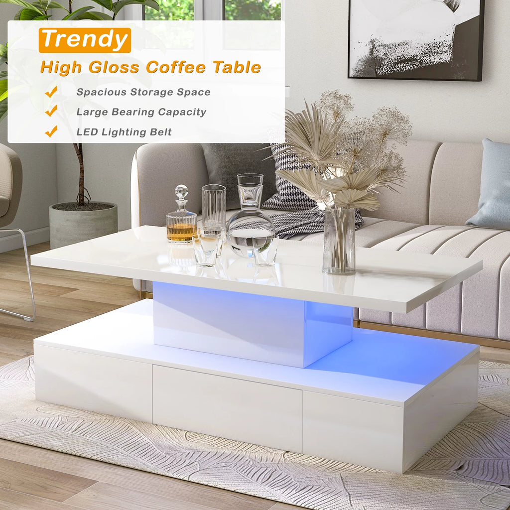 39.3" Coffee Table with Drawer, 2-Tier Rectangle LED White High Gloss V1076