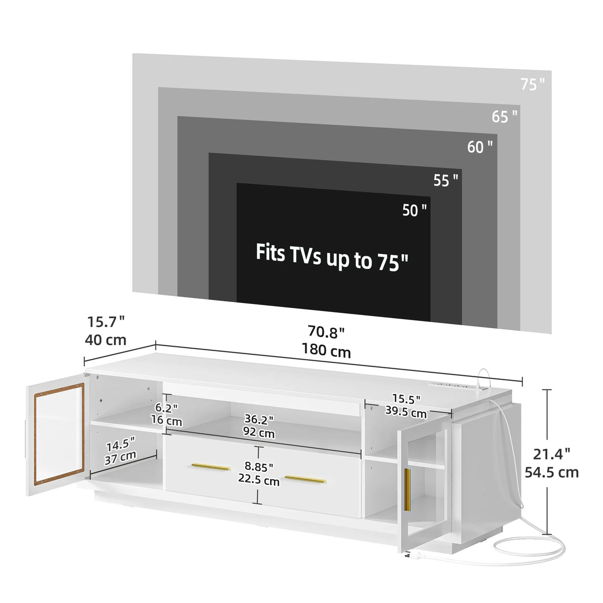 70" LED TV Stand with Power Outlets White & Gold J289