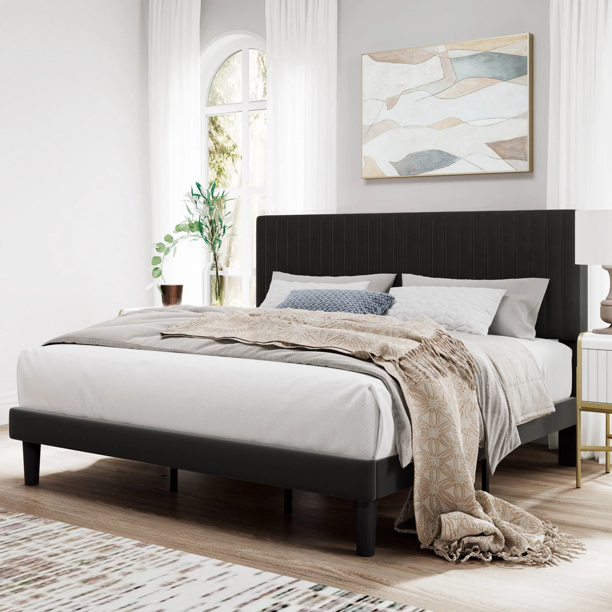 Pink Queen Size Upholstered Platform Bed Frame with Velvet Headboard D917