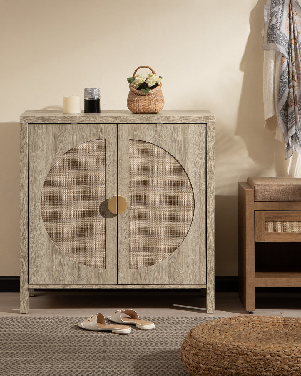Oak Rattan Sideboard Storage Cabinet Set of 2 Z53374