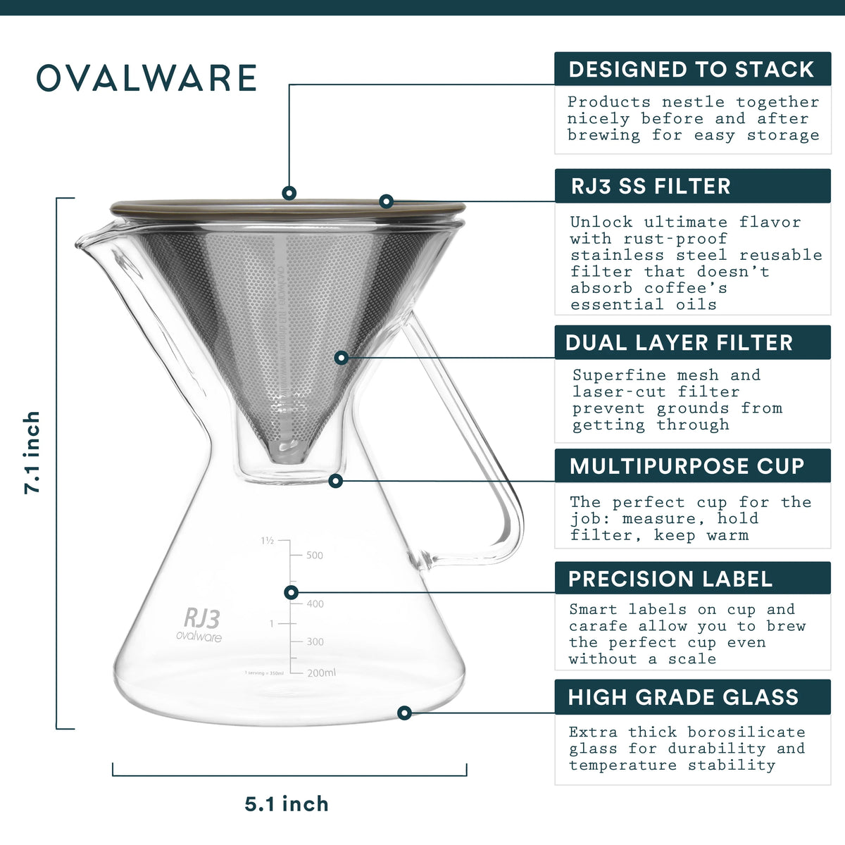 Pour-over Coffee Maker 17oz Stainless-Steel Filter Measuring Cup & Carafe N729