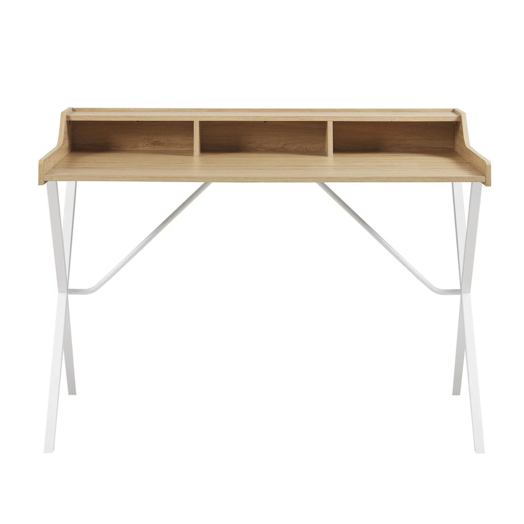 Modern Writing Desk with 3 Built-in Cubbies Storage and Metal Leg in Natural White N9723