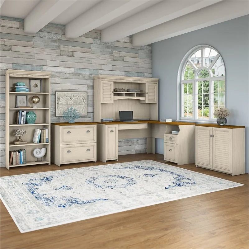 Antique White 5 Pc Engineered Wood Desk with Storage X47457