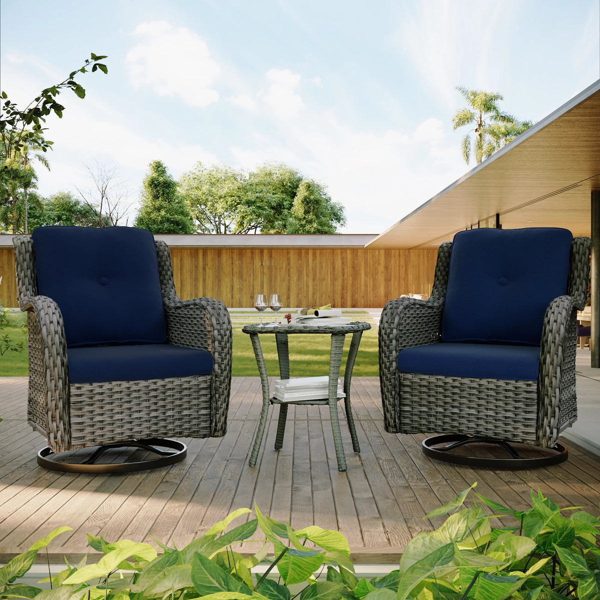 Outdoor Swivel Rocker Wicker Patio Chairs Set of 2 with Table, Blue W925