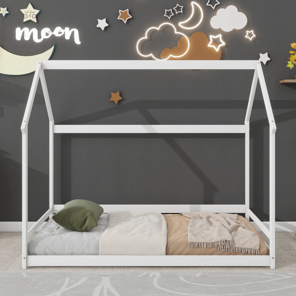 Twin House-Shaped Floor Bed Frame with 2 Detachable Stands White D948455