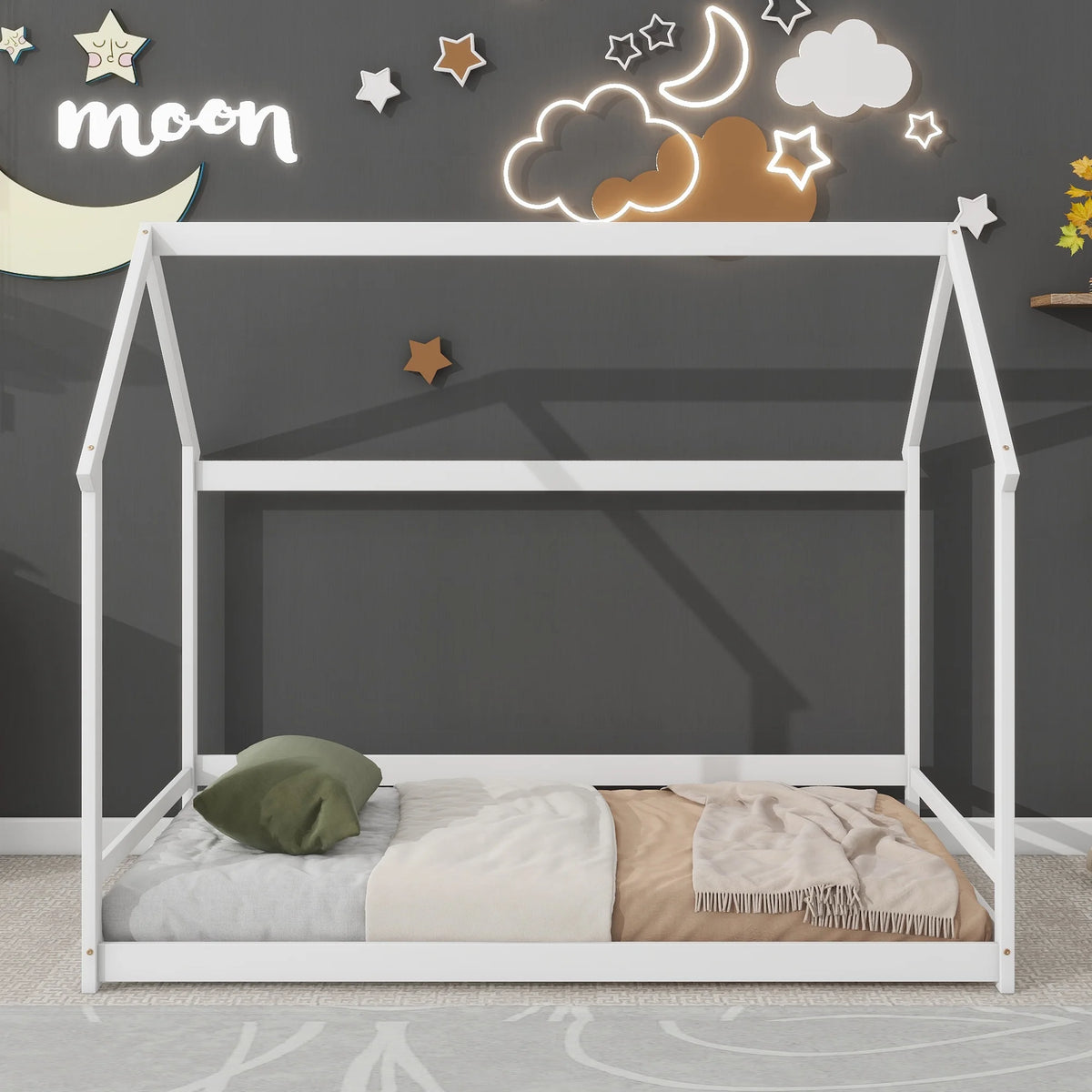 Twin House-Shaped Floor Bed Frame with 2 Detachable Stands White D948455
