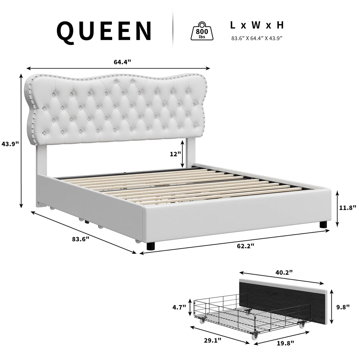 White Queen Bed Frame with Drawer J711544
