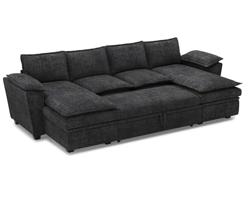 Oversized Modular Sectional Sleeper Sofa with Pull Out Bed and Storage Ottomans Chenille Black K741