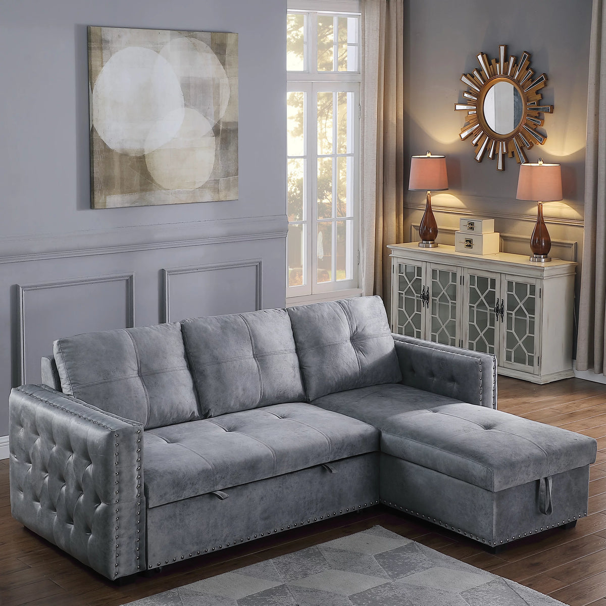 Velvet Gray Reversible Sectional Sleeper Sofa with Storage D1512