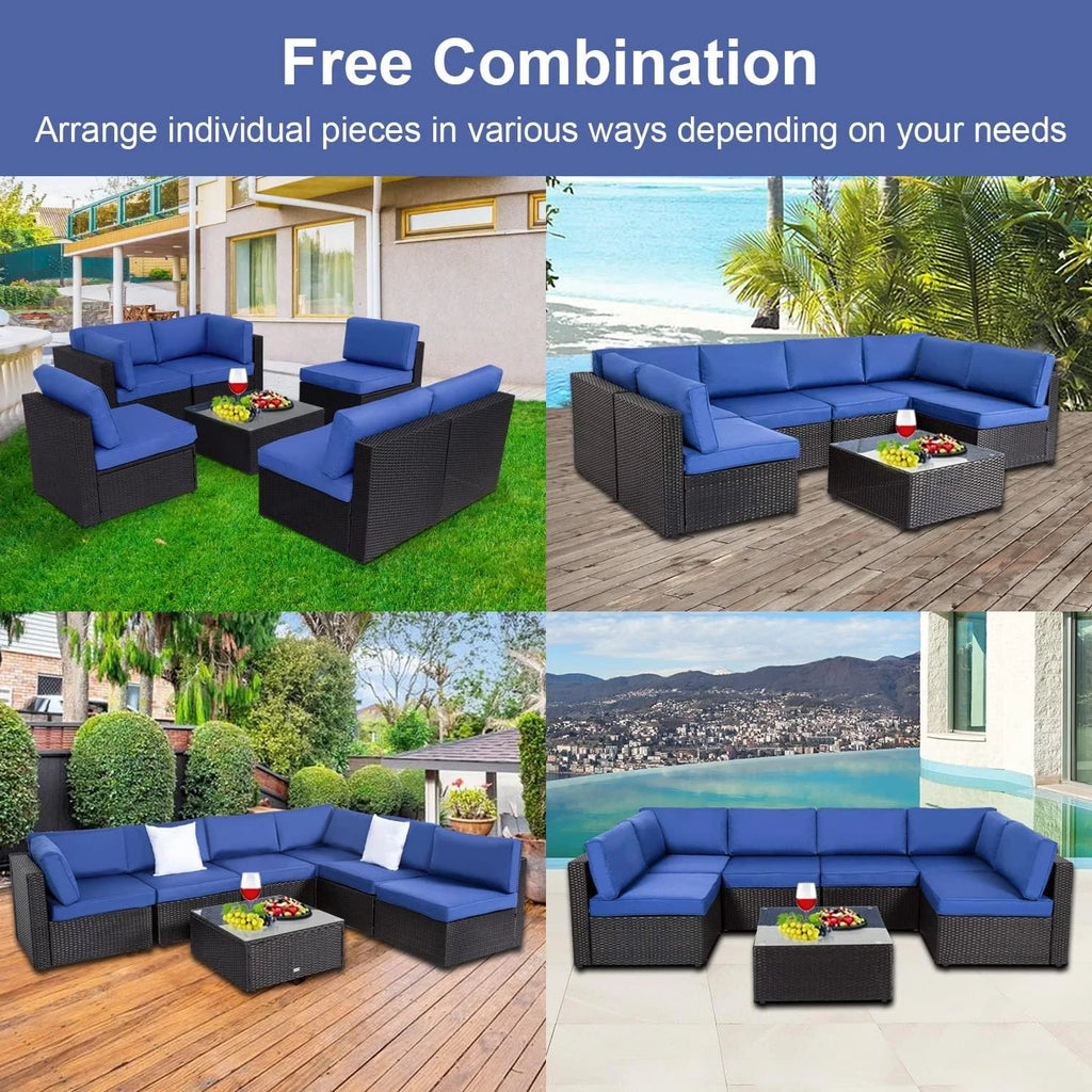7 Pc Pe Rattan Wicker Sofa Sectional Set with Dark Blue Cushions T439190