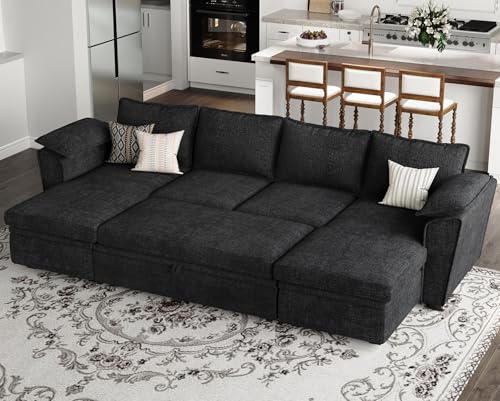 Oversized Modular Sectional Sleeper Sofa with Pull Out Bed and Storage Ottomans Chenille Black K741