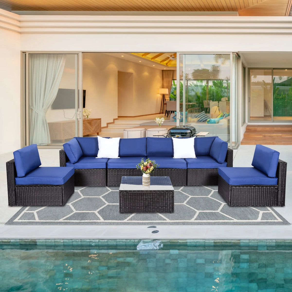 7 Pc Pe Rattan Wicker Sofa Sectional Set with Dark Blue Cushions T439190