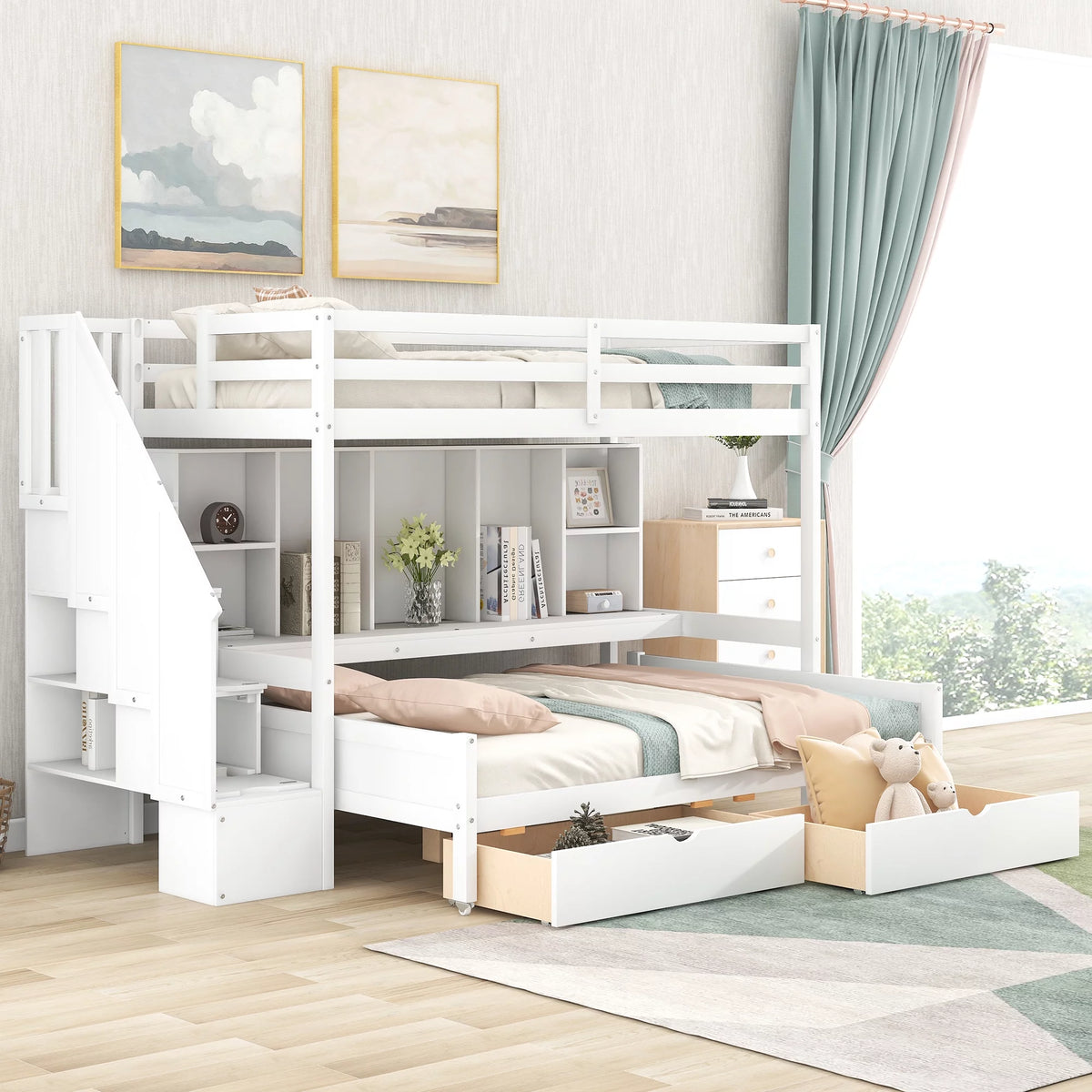 Twin Xl Over Full Bunk Bed with Storage Shelves, Drawers and Staircase, White V9038