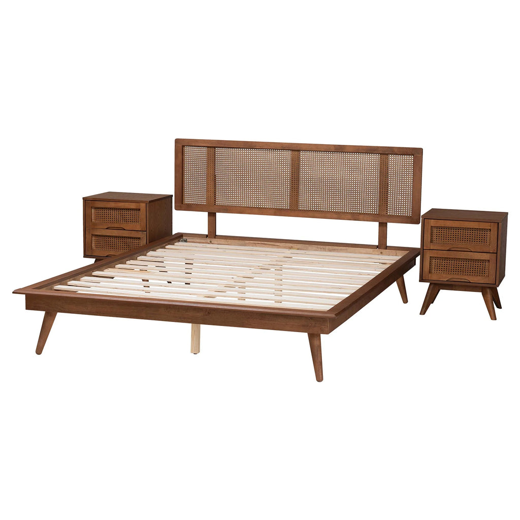 Walnut Brown Wood and Rattan King Size 3-Piece Bedroom Set T16717
