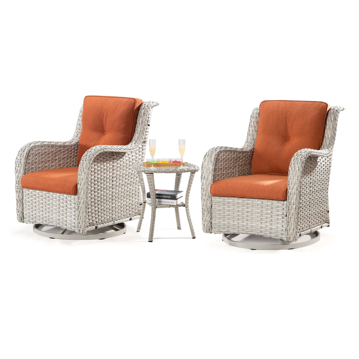 Outdoor Swivel Rocker Wicker Patio Chairs Set of 2 with Table, Blue W925
