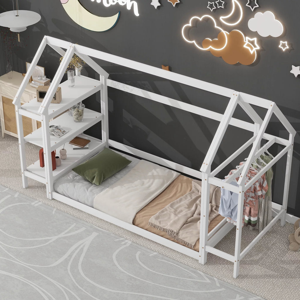 Twin House-Shaped Floor Bed Frame with 2 Detachable Stands White D948455